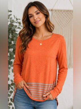 Cabi Rearview Mirror Hangout Tee Orange Gray High Low Top Sz S NWT. Fall Autumn